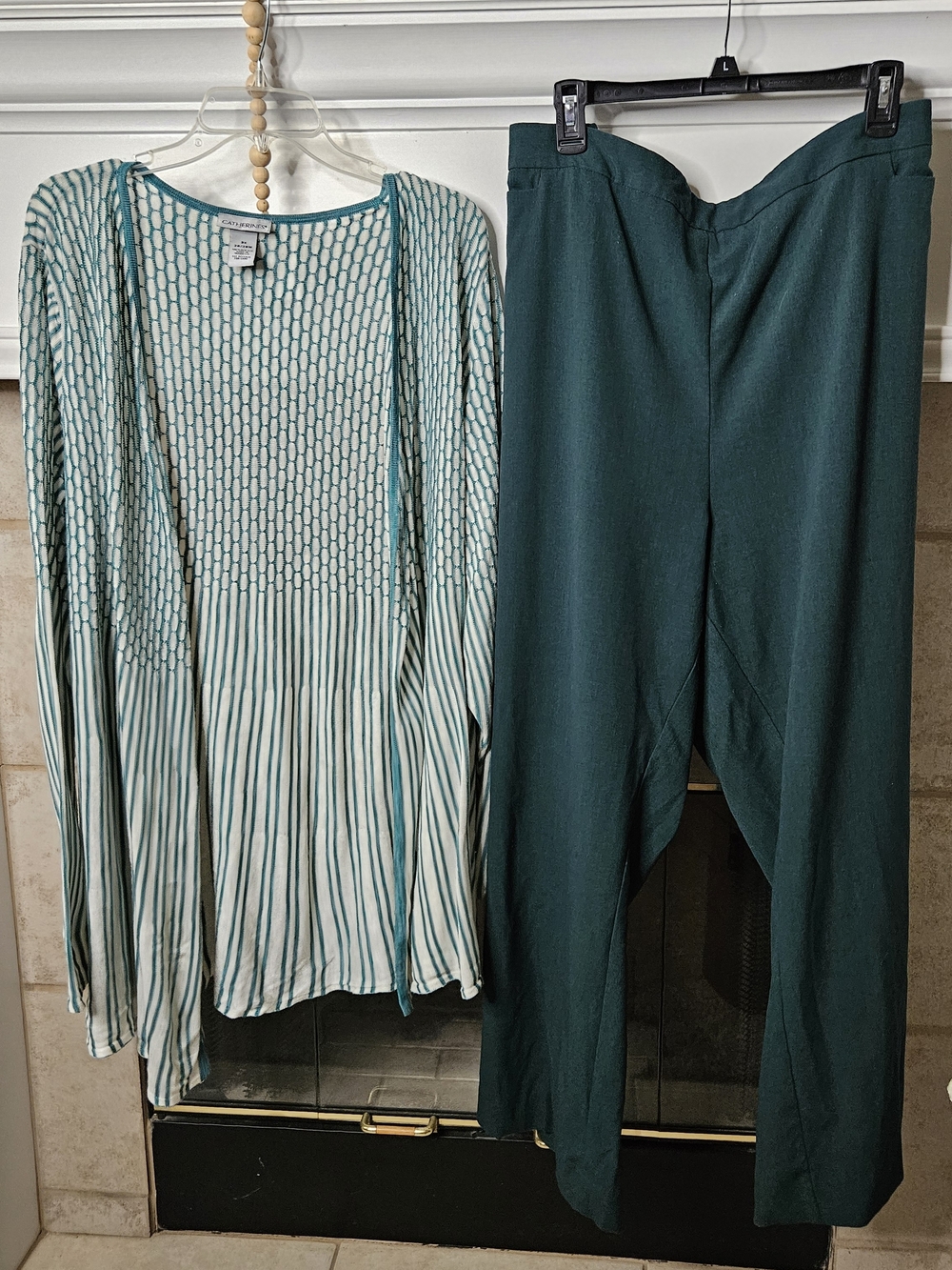 Catherines Green & White Patterned Open-Front Sweater And Pant 3X